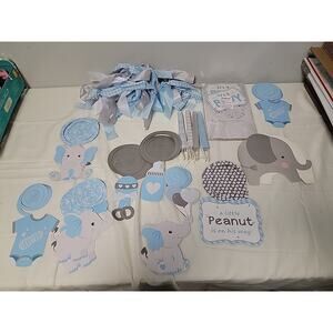 "It's A Boy" Elephant Baby Checked Solid Shower Decor - SOME PIECES USED
